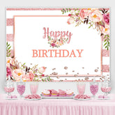 Lofaris Pink And White Floral Happy Birthday Backdrop For Girl